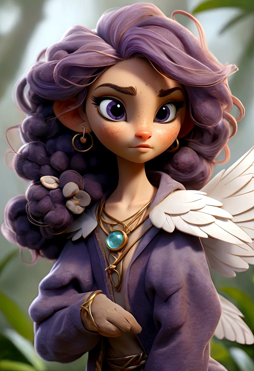 Zeta is a furry mammalian creature with a mix of animal like features about 2-3 feet tall, soft fluffy fur that is a mix of purple, blue and silver hues, zeta has round eyes, long floppy ears with a delicate pink interior, it has a long fluffy tail sparkling with pompom at the end zeta has a small button nose and a smattering of freckles across her cheeks, zeta has a delicate and translucent wings which allows her to fly and maneuver with grace, zeta often wears a shimmering stone that matches her mood. standing in other for her height to be seen wearing exactly the same clothes.