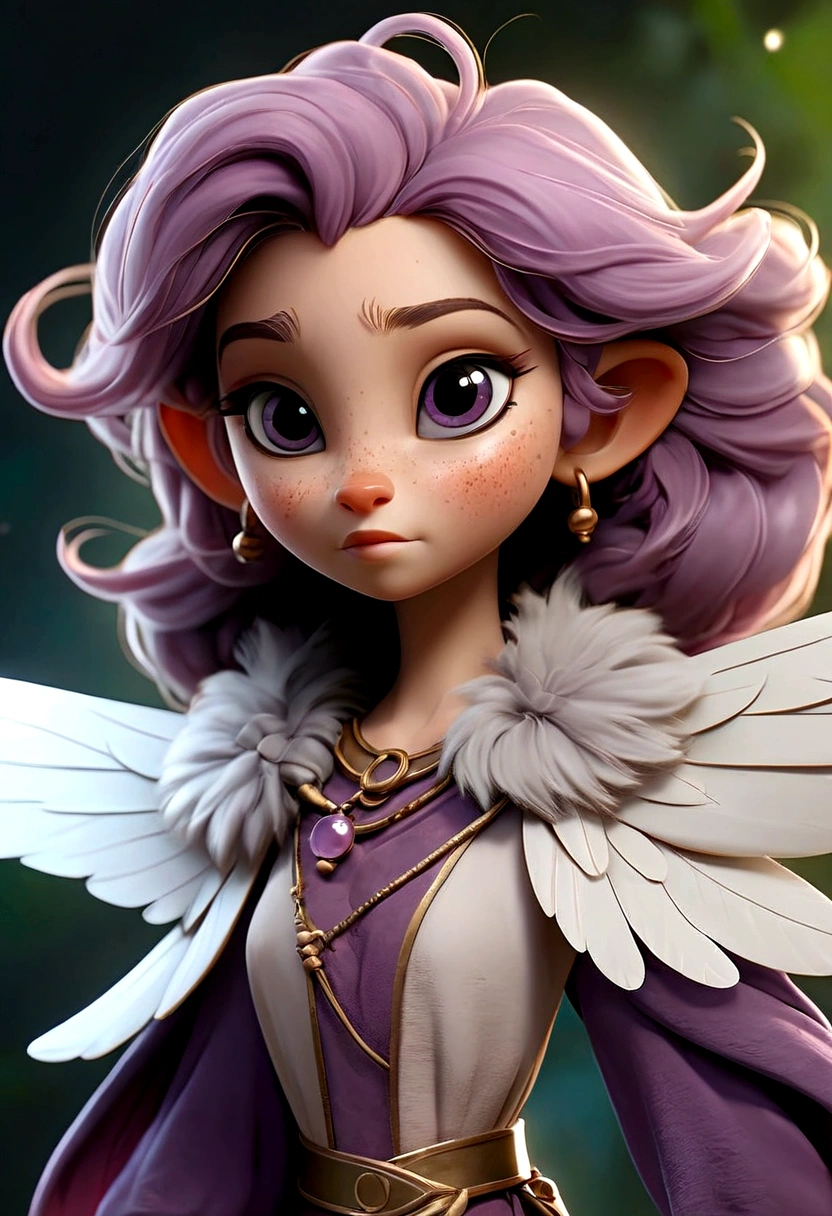 Zeta is a furry mammalian creature with a mix of animal like features about 2-3 feet tall, soft fluffy fur that is a mix of purple, blue and silver hues, zeta has round eyes, long floppy ears with a delicate pink interior, it has a long fluffy tail sparkling with pompom at the end zeta has a small button nose and a smattering of freckles across her cheeks, zeta has a delicate and translucent wings which allows her to fly and maneuver with grace, zeta often wears a shimmering stone that matches her mood. standing in other for her height to be seen wearing exactly the same clothes.