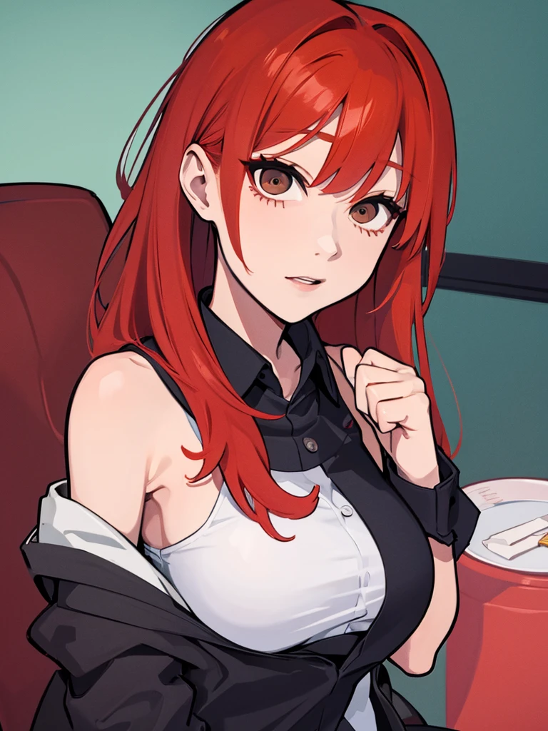 21-years old woman, red hair combed to the left side, black eyes
