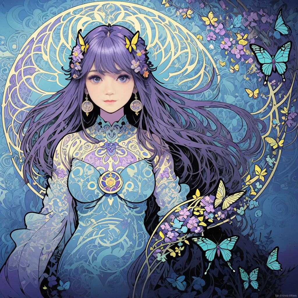 Alphonse Mucha style、Round、No people、background、Butterfly motif、purple、light blue、Baby blue color scheme