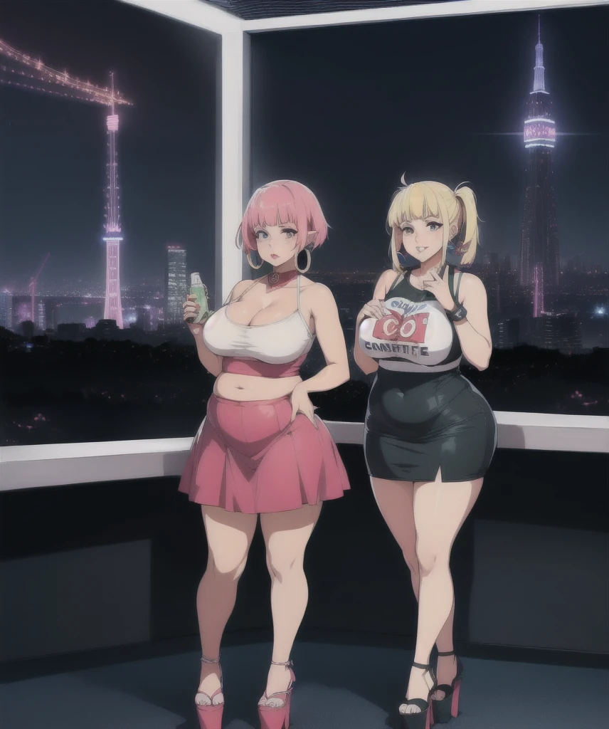((art by kipteitei:1.5)) , full body, pointy ears.
fat belly, large stomach, eating
1girl, (((bimbo))),(hoop earrings, puffy lips, painted lips, thick lips.:1.2) ((platform heels))
blonde hair, (short twintails,:1.2) (wide hips:1.2), thick thighs, bursting breasts, huge ass
(full skirt),navel, tube top, o-ring top,
Nightlife, Night city, Cyberpunk city, futuristic cityscape. Neon lights, (skyscraper:1.1), Tokyo tower, palm tree, cloth sign, ramen stall, night club. bright city lights, exotic car. alcohol, bar, ramen, soup stall ,alcohol bottles, ((crowded background)), ((Paparazzi)), detailed sky, cloudy sky