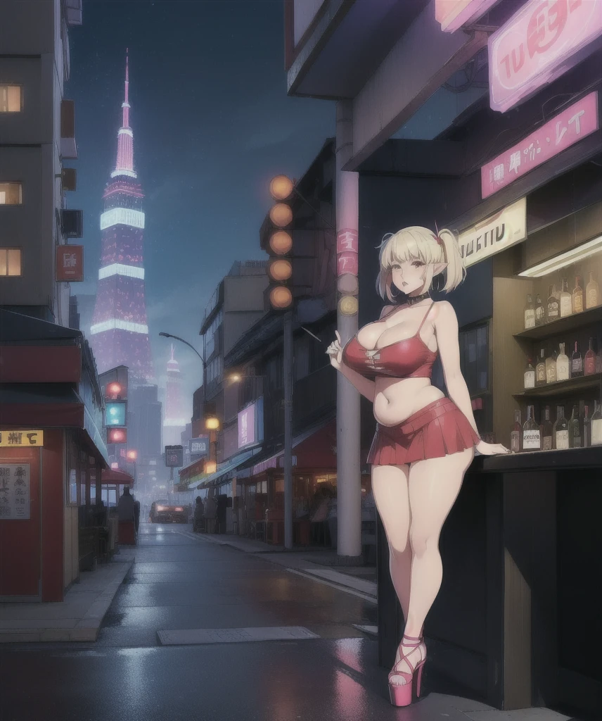 ((art by kipteitei:1.5)) , full body, pointy ears.
fat belly, large stomach, eating
1girl, (((bimbo))),(hoop earrings, puffy lips, painted lips, thick lips.:1.2) ((platform heels))
blonde hair, (short twintails,:1.2) (wide hips:1.2), thick thighs, bursting breasts, huge ass
(full skirt),navel, tube top, o-ring top,
Nightlife, Night city, Cyberpunk city, futuristic cityscape. Neon lights, (skyscraper:1.1), Tokyo tower, palm tree, cloth sign, ramen stall, night club. bright city lights, exotic car. alcohol, bar, ramen, soup stall ,alcohol bottles, ((crowded background)), ((Paparazzi)), detailed sky, cloudy sky