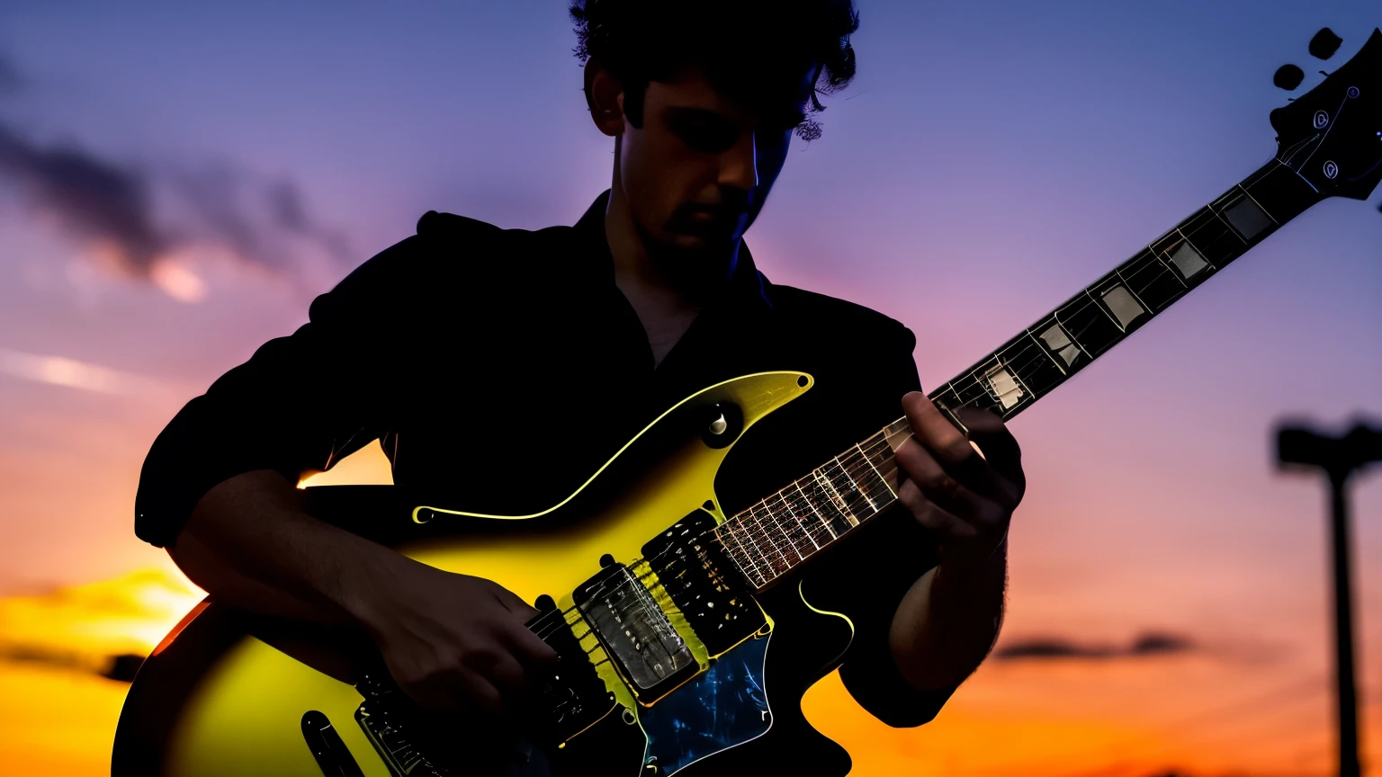 Silhouette in the Twilight: Silhouette of a guitarist with an 80s Flying V guitar against a shattered sky at sunset, side-lit tube amplifier, 8K, lights, floodlight lights,