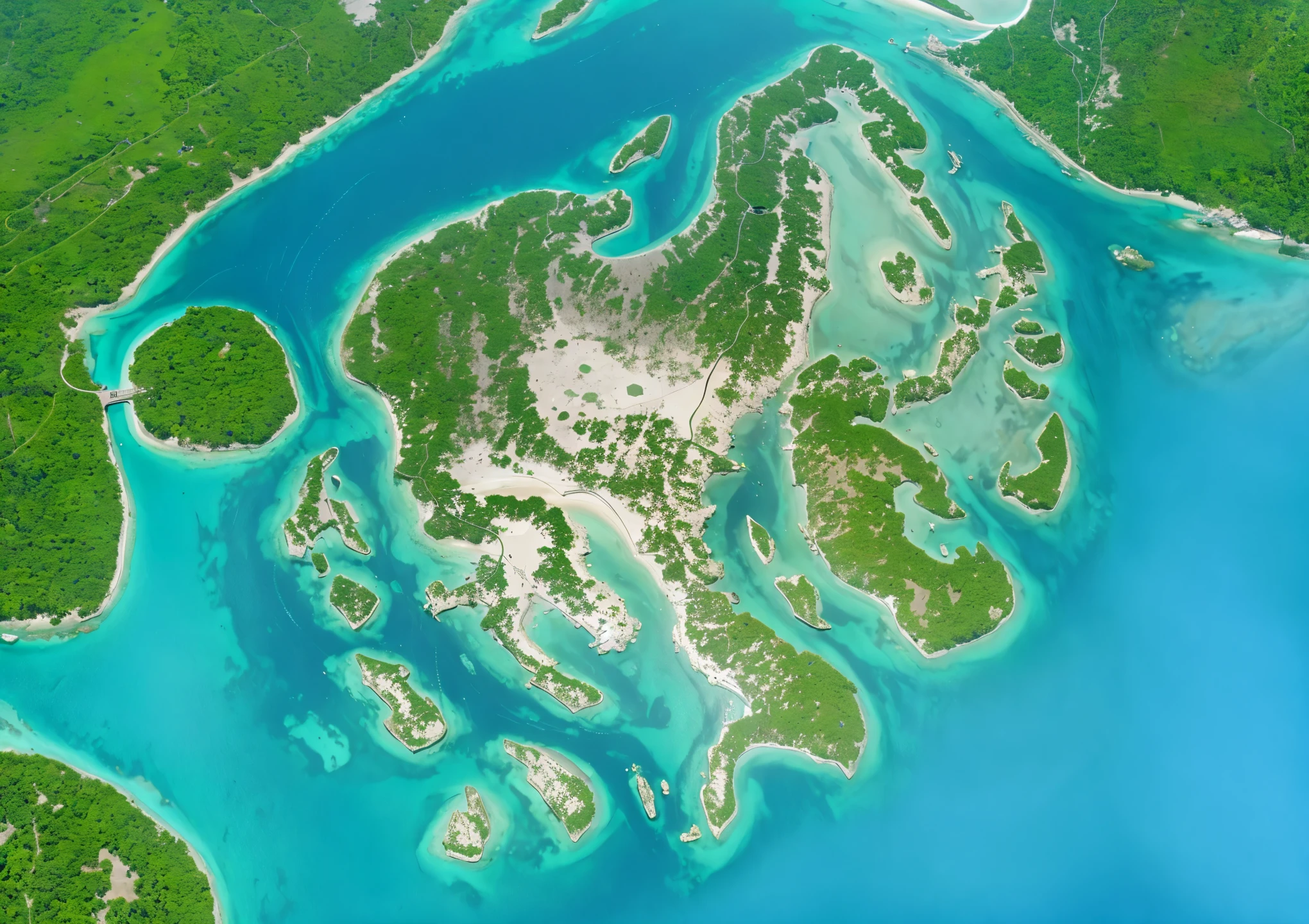 The mainland does not change, only the water surface changes. The island is surrounded by a strip of white sand that gradually spreads out to the sea. The sea surface has gentle waves and the water is as blue as the sea water in the Maldives.