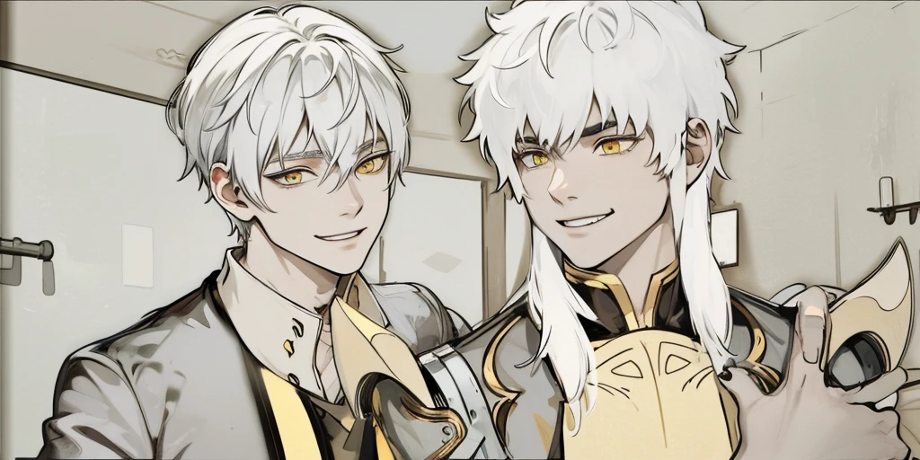 White hair, yellow eyes, black tunic, he is talking, smiling maliciously, they are 18 years old.