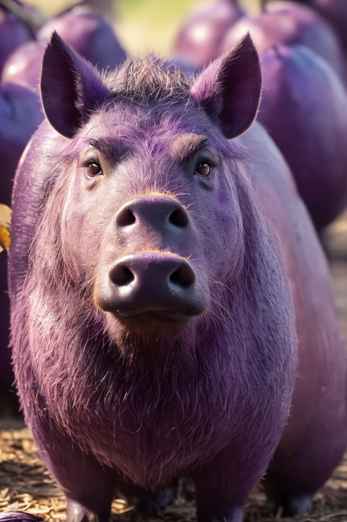 purple boar, boar made of plums, a plum boar, cute, boar skin is plum texture, nose is a plum, ((ears are plum slices)), ((eyes are yellow and red)), ConceptArt, (Masterpiece, Best Quality, Illustration, Fine Detail), ((Very Detailed CG Unity 8k Wallpaper, High Resolution)), High Saturation, Low Brightness