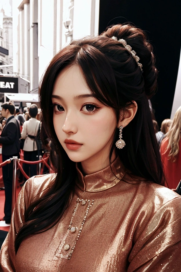 1 woman, 1 man, ideal , dress, Red carpet background, couple, Instagram Filter,