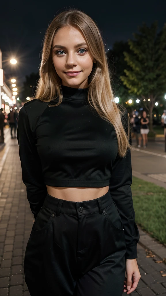 Lily Bowman), posing, modeling, with black casual outfit design, full body, park, in the night, sexy smile, best quality, blur night background with Green Eyes, , Ultra Realistic, Meticulously Detailed, Portrait, Blonde Hair and Big Eyes, Selfie of a Young Woman, Green Eyes, No Makeup, Natural Makeup, Looking Directly at the Camera, face artgram, subtle make-up, Impressive photo, stand, with sexy smile, Medium and large size chest, allowing the face to be seen clearly, mall, park.