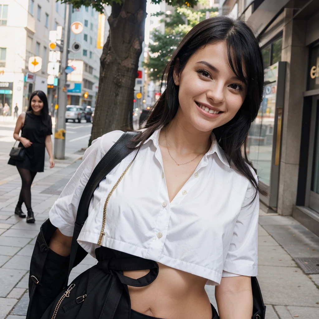 sexy white girl, black hair, smiling, in the city