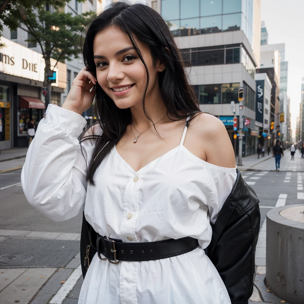 sexy white girl, black hair, smiling, in the city