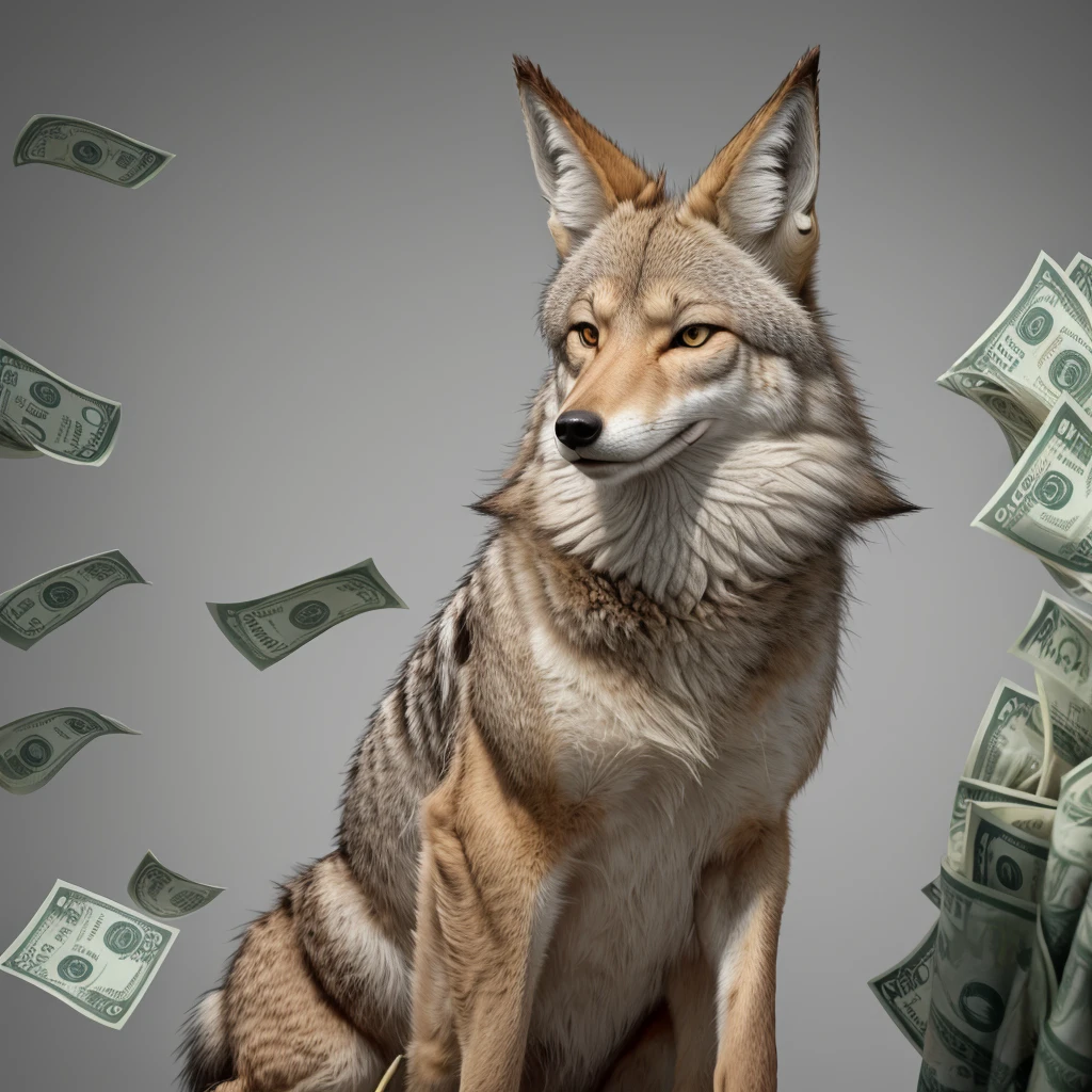 animated coyote with ricky corner with a lot of money in dollars