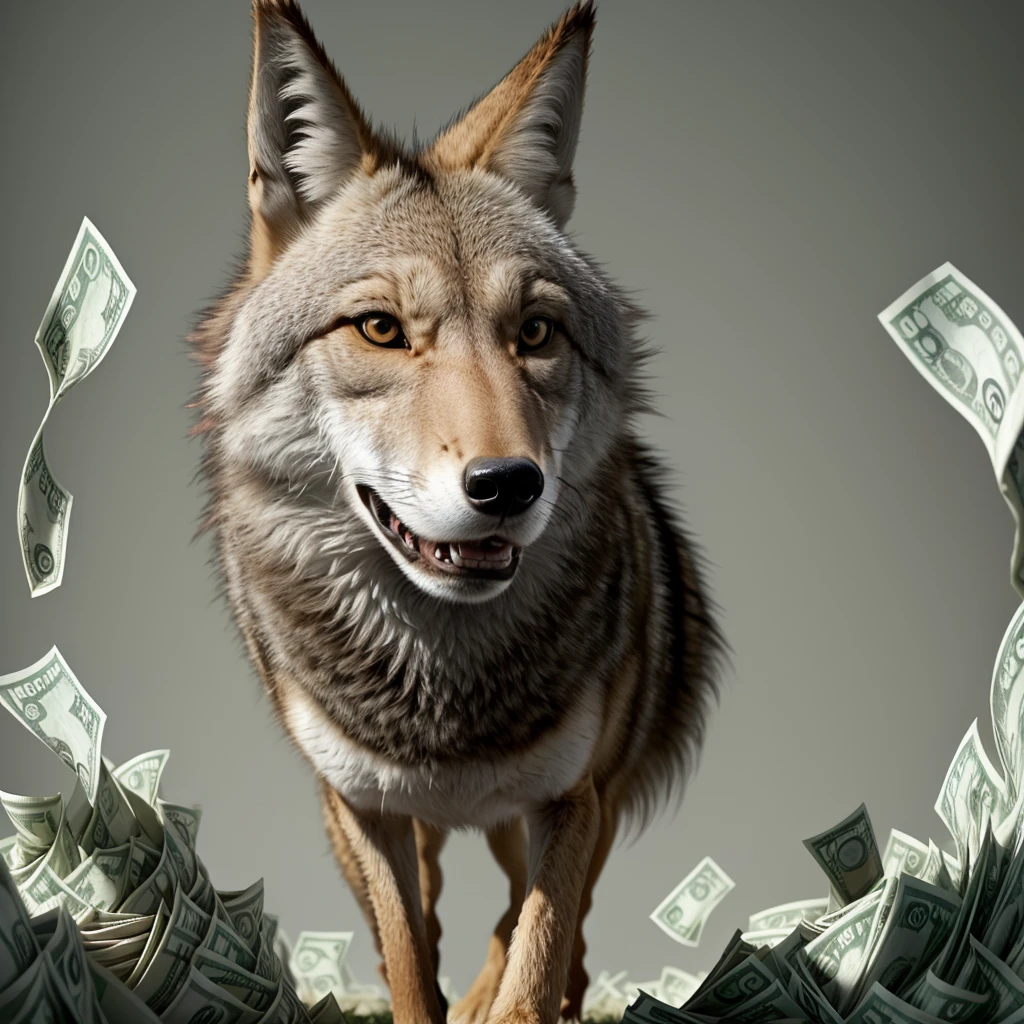 animated coyote with ricky corner with a lot of money in dollars