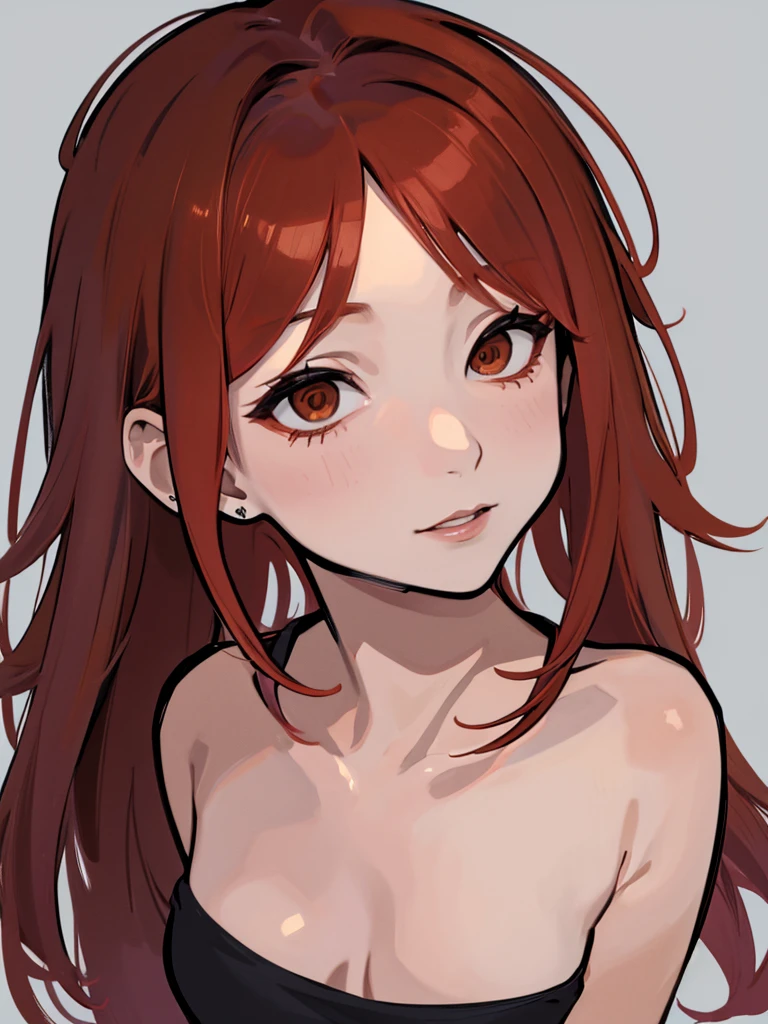 21-years old woman, red hair combed to the left side, brown eyes
