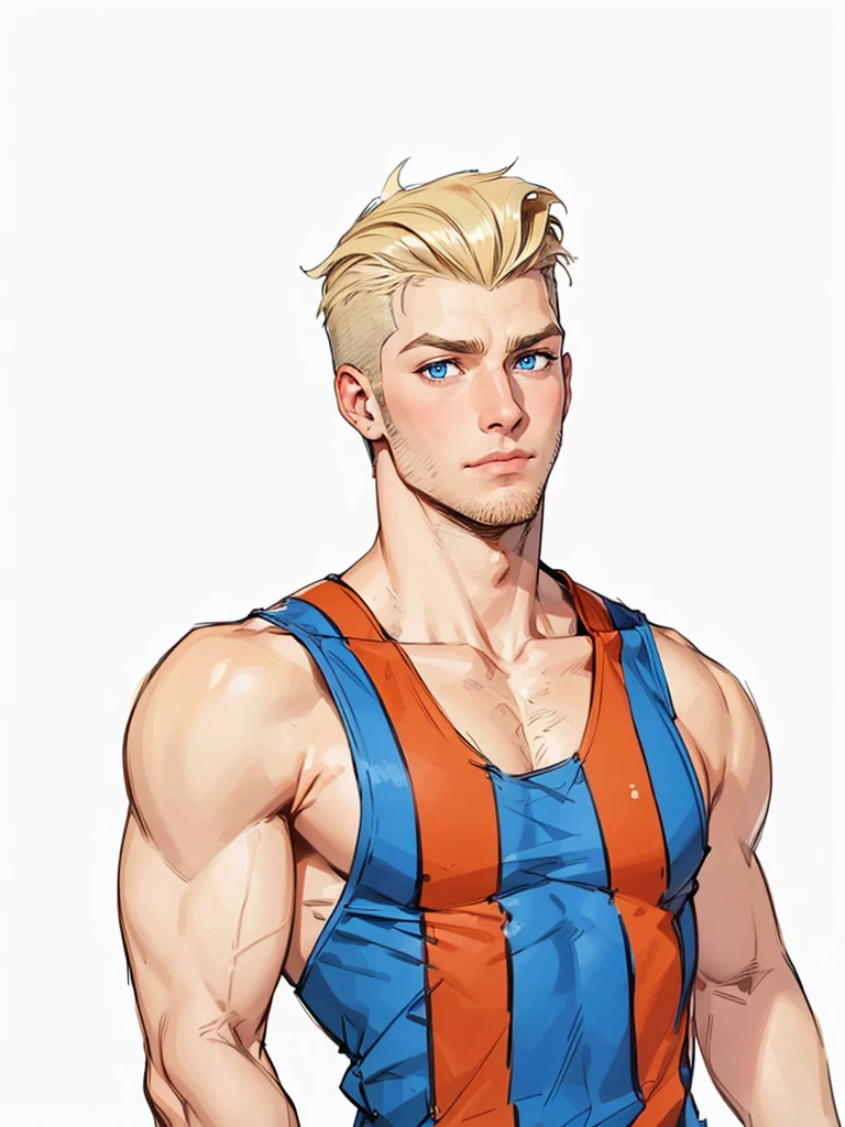 boy, 19 years old, very handsome, beautiful face, blue eyes, ruffled blonde hair, shaved on the sides, visible muscles, thin beard and sparse sideburns, suspicious