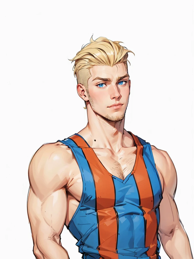 boy, 19 years old, very handsome, beautiful face, blue eyes, ruffled blonde hair, shaved on the sides, visible muscles, thin beard and sparse sideburns, suspicious