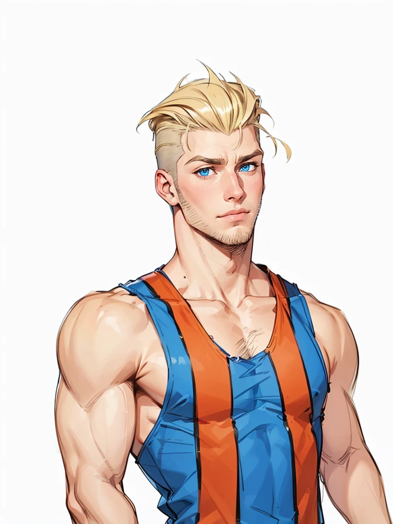 boy, 19 years old, very handsome, beautiful face, blue eyes, ruffled blonde hair, shaved on the sides, visible muscles, thin beard and sparse sideburns, suspicious 