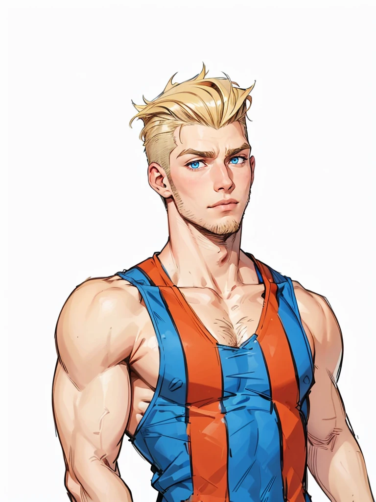 boy, 19 years old, very handsome, beautiful face, blue eyes, ruffled blonde hair, shaved on the sides, visible muscles, thin beard and sparse sideburns, suspicious