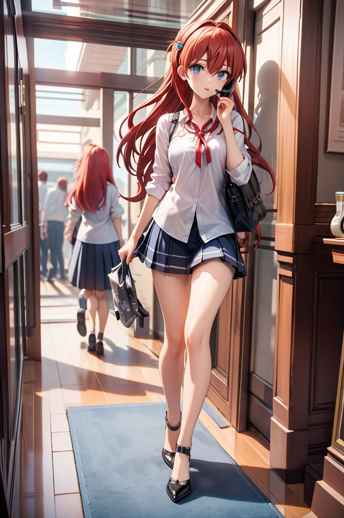 (masterpiece:1.2),Highest quality,High resolution,unity 8k wallpaper,(figure:0.8),(Beautiful attention to detail:1.6),Highly detailed face,Perfect lighting,Highly detailed CG,(Perfect hands, Perfect Anatomy),One girl,alone,View your viewers,indoor, window, blue sky, corridor, Soryu Asuka Langley, Interface Headset,light Redhead,long Redhead,Hair between the eyes,Redhead,blue suspender skirt,Red ribbon, White shirt,, shoes下, shoes,(Natural pose:1),