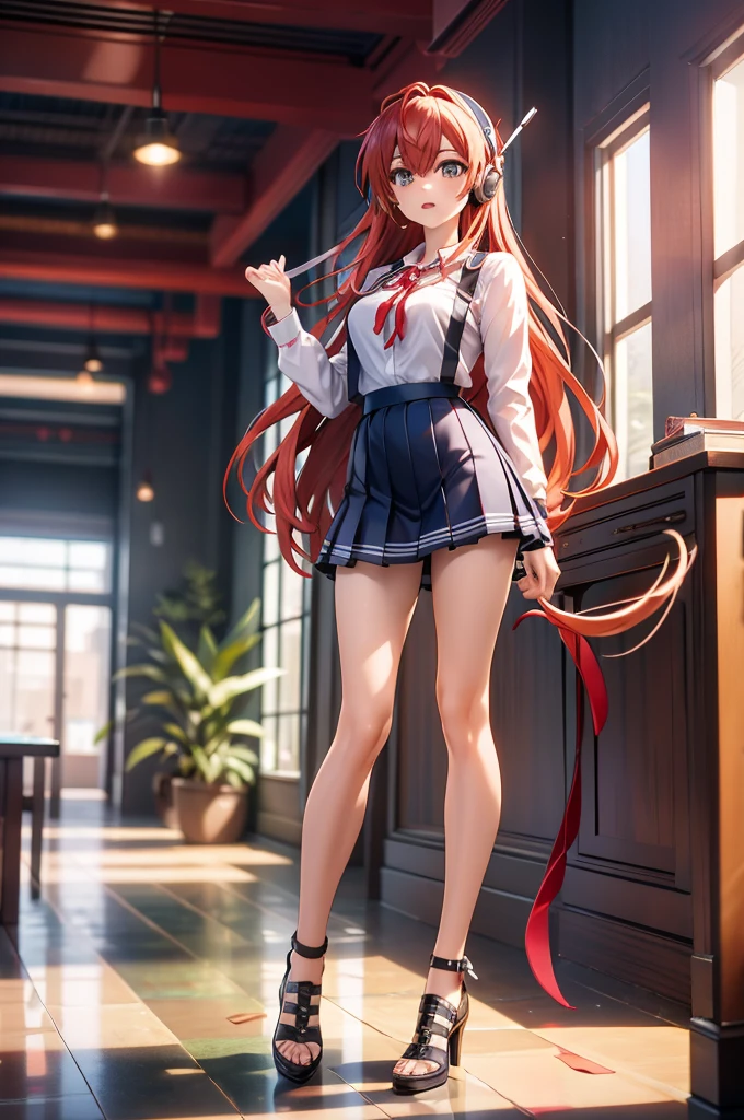 (masterpiece:1.2),Highest quality,High resolution,unity 8k wallpaper,(figure:0.8),(Beautiful attention to detail:1.6),Highly detailed face,Perfect lighting,Highly detailed CG,(Perfect hands, Perfect Anatomy),One girl,alone,View your viewers,indoor, window, blue sky, corridor, Soryu Asuka Langley, Interface Headset,light Redhead,long Redhead,Hair between the eyes,Redhead,blue suspender skirt,Red ribbon, White shirt,, shoes下, shoes,(Natural pose:1),