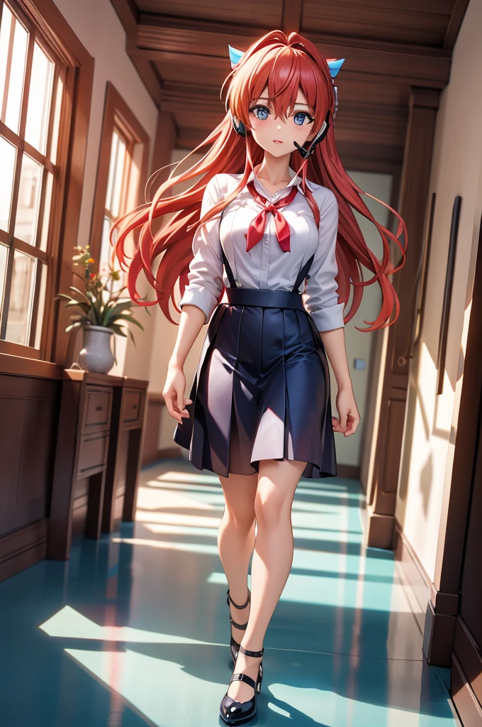 (masterpiece:1.2),Highest quality,High resolution,unity 8k wallpaper,(figure:0.8),(Beautiful attention to detail:1.6),Highly detailed face,Perfect lighting,Highly detailed CG,(Perfect hands, Perfect Anatomy),One girl,alone,View your viewers,indoor, window, blue sky, corridor, Soryu Asuka Langley, Interface Headset,light Redhead,long Redhead,Hair between the eyes,Redhead,blue suspender skirt,Red ribbon, White shirt,, shoes下, shoes,(Natural pose:1),