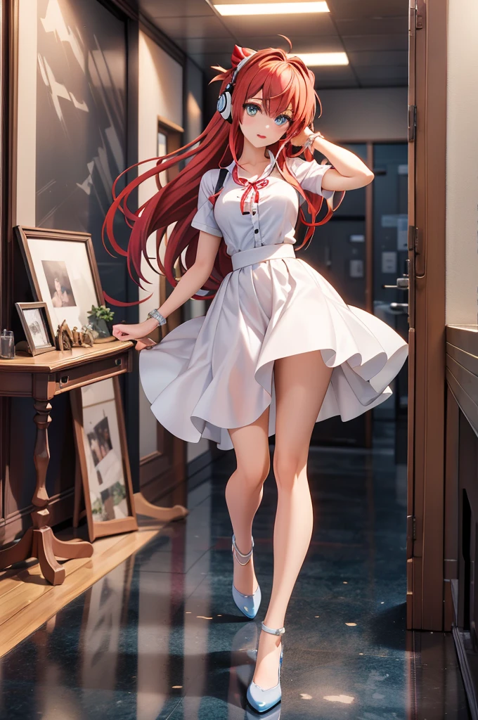 (masterpiece:1.2),Highest quality,High resolution,unity 8k wallpaper,(figure:0.8),(Beautiful attention to detail:1.6),Highly detailed face,Perfect lighting,Highly detailed CG,(Perfect hands, Perfect Anatomy),One girl,alone,View your viewers,indoor, window, blue sky, corridor, Soryu Asuka Langley, Interface Headset,light Redhead,long Redhead,Hair between the eyes,Redhead,blue suspender skirt,Red ribbon, White shirt,, shoes下, shoes,(Natural pose:1),