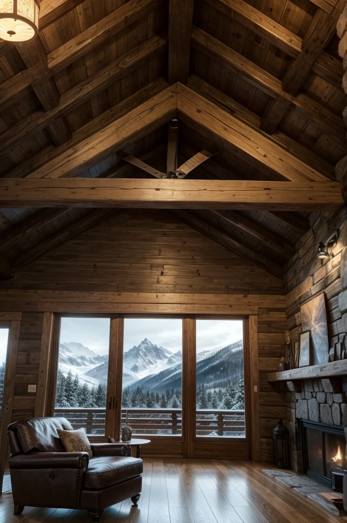 intricate detailed interior of a cozy mountain chalet, rustic wooden walls and beams, cozy fireplace, plush armchairs, large windows overlooking snowy peaks, warm lighting, winter landscape, atmospheric, (best quality,4k,8k,highres,masterpiece:1.2),ultra-detailed,(realistic,photorealistic,photo-realistic:1.37),HDR,studio lighting,extreme detail description,professional,vivid colors