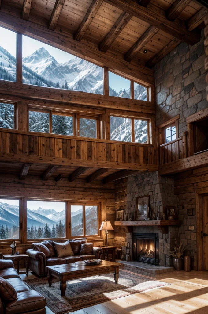 intricate detailed interior of a cozy mountain chalet, rustic wooden walls and beams, cozy fireplace, plush armchairs, large windows overlooking snowy peaks, warm lighting, winter landscape, atmospheric, (best quality,4k,8k,highres,masterpiece:1.2),ultra-detailed,(realistic,photorealistic,photo-realistic:1.37),HDR,studio lighting,extreme detail description,professional,vivid colors