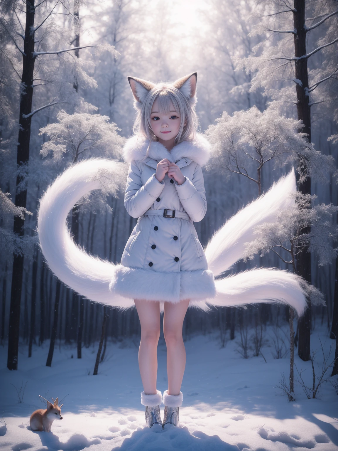 (RAW Photos:1.2), (Realistic:1.4), (Highest quality:1.4), (Ultra-high resolution:1.2), (Very detailed:1.3), (Hmph:1.2), (Cinema Lighting:1.3), (eye), (Yuki:1.2), Cute fox, Are standing, (Full body portrait: 1.2), (Bushy Tail: 1.2), (Soft fur: 1.2), (Moe: 1.2), (Looking at the audience), (An innocent smile), (Soft Light), (dreamy), (dream: 1.3), (Mysterious: 1.3), (magic: 1.2),  (Winter Wonderland: 1.3), (Whimsical: 1.2), (fun: 1.2), bust, alone