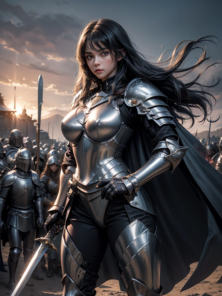 ((Highest quality))、((8K))、((knight))、woman、Big eyes、Double、soft、Adult woman、whole body、(sword)、(leather armor)、((whole body鎧))、bionde、long hair、Big sword、knight corps、((battlefield))、cape、Hand holding a sword、Big Breasts
