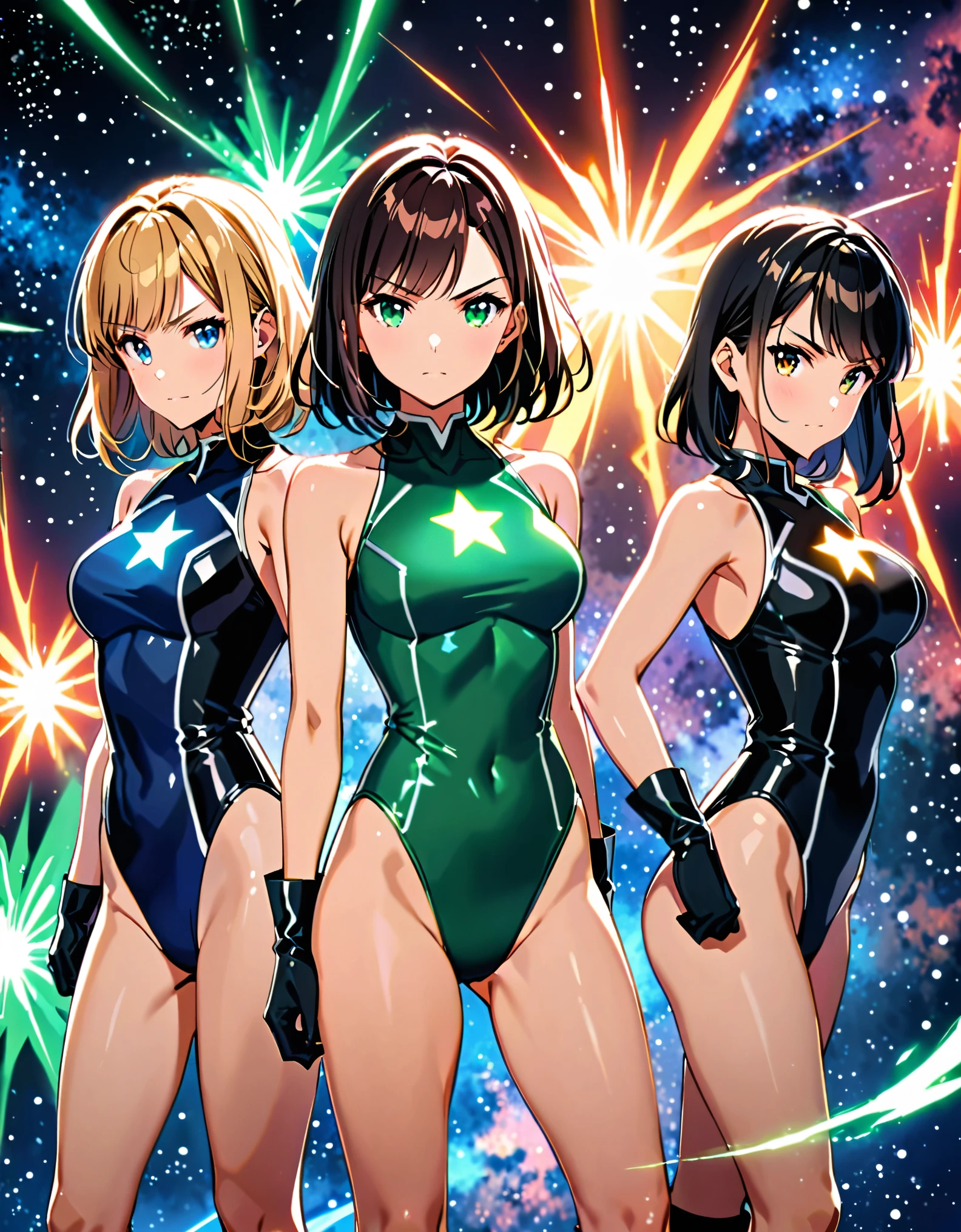 Create an image of ((three girls in sleeveless leotards, bare legs, and matching gloves and boots)). The first girl on the left and rear is a (blonde with long hair, bangs), and green eyes, wearing a (black leotard) with a (moon (symbol) on her chest). The second girl in the middle and front is a redhead with bob hair and blue eyes, wearing a (green leotard) with a (sun (symbol) on her chest). The third girl on the right and rear is a (black-haired brunette with medium hair, bangs), and hazel eyes, wearing a (blue leotard) with a (star (symbol) on her chest). All three girls are standing with legs apart and raised arms, each surrounded by a glowing aura. outer space backdrop, cowboy shot, serious. masterpiece, best quality, hires. diffraction spikes, light particles.