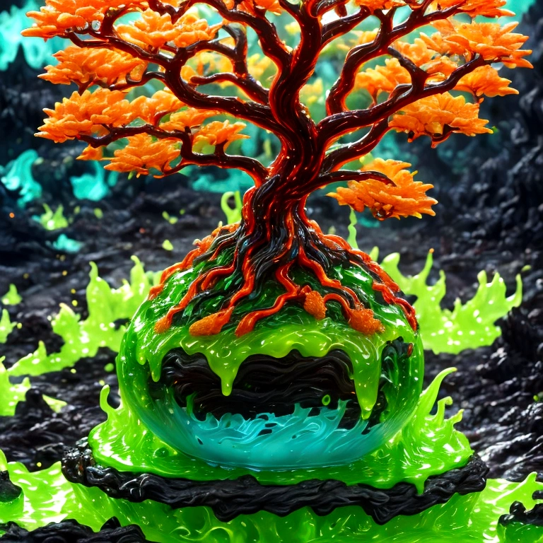 best quality, very good, 1.60,000, ridiculous, Extremely detailed, Cute slime tree，Has horns made of translucent boiling lava, Background grassland ((A masterpiece full of fantasy elements))), ((Best quality)), ((Intricate details)) (8K), ((best quality)), ((Intricate details)) (8K)