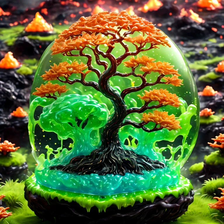 best quality, very good, 1.60,000, ridiculous, Extremely detailed, Cute slime tree，Has horns made of translucent boiling lava, Background grassland ((A masterpiece full of fantasy elements))), ((Best quality)), ((Intricate details)) (8K), ((best quality)), ((Intricate details)) (8K)