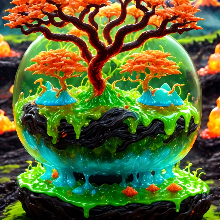 best quality, very good, 1.60,000, ridiculous, Extremely detailed, Cute slime tree，Has horns made of translucent boiling lava, Background grassland ((A masterpiece full of fantasy elements))), ((Best quality)), ((Intricate details)) (8K), ((best quality)), ((Intricate details)) (8K)