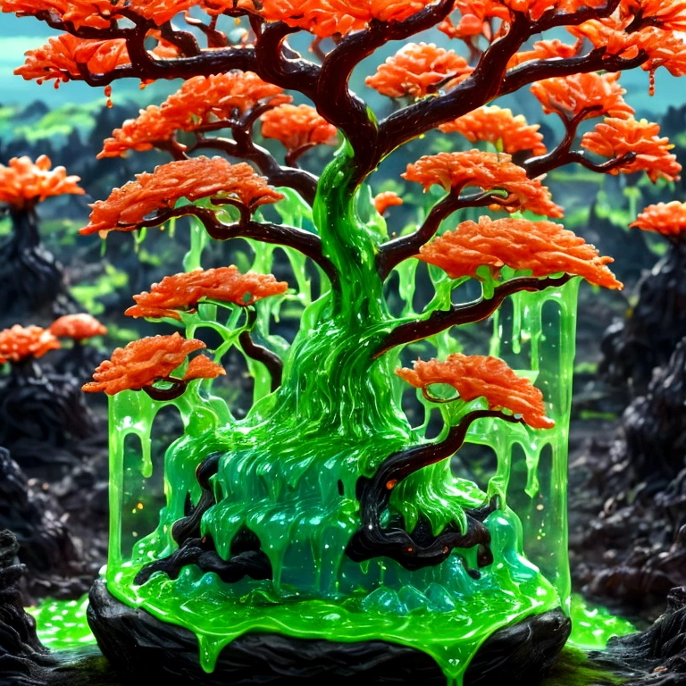 best quality, very good, 1.60,000, ridiculous, Extremely detailed, Cute slime tree，Has horns made of translucent boiling lava, Background grassland ((A masterpiece full of fantasy elements))), ((Best quality)), ((Intricate details)) (8K), ((best quality)), ((Intricate details)) (8K)