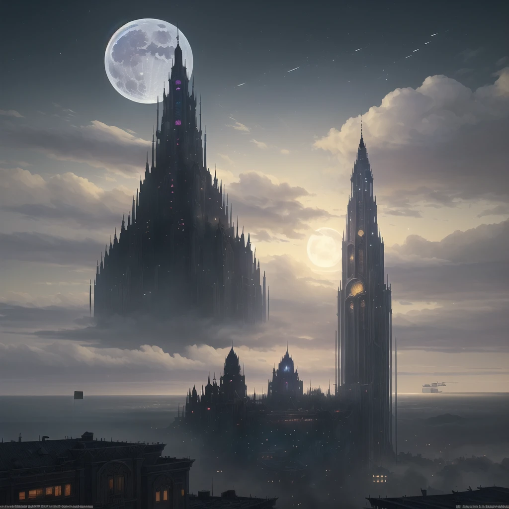 ((best quality)), ((masterpiece)), (detailed), sprawling fantasy city, massive, dense city, inspired by insomnia from final fantasy xv, blending modern and fantasy, large moon in background, in the style of video game concept art