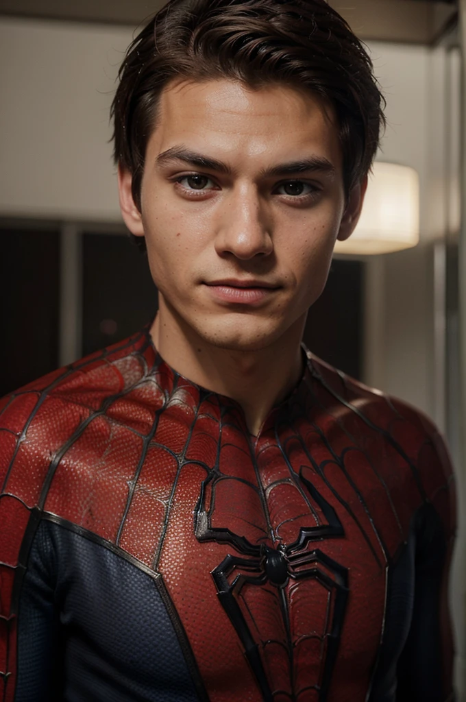 A photograph of spider man, no mask, 20 yo, handsome, detailed face, looking at camera, portrait, 8k uhd, high quality