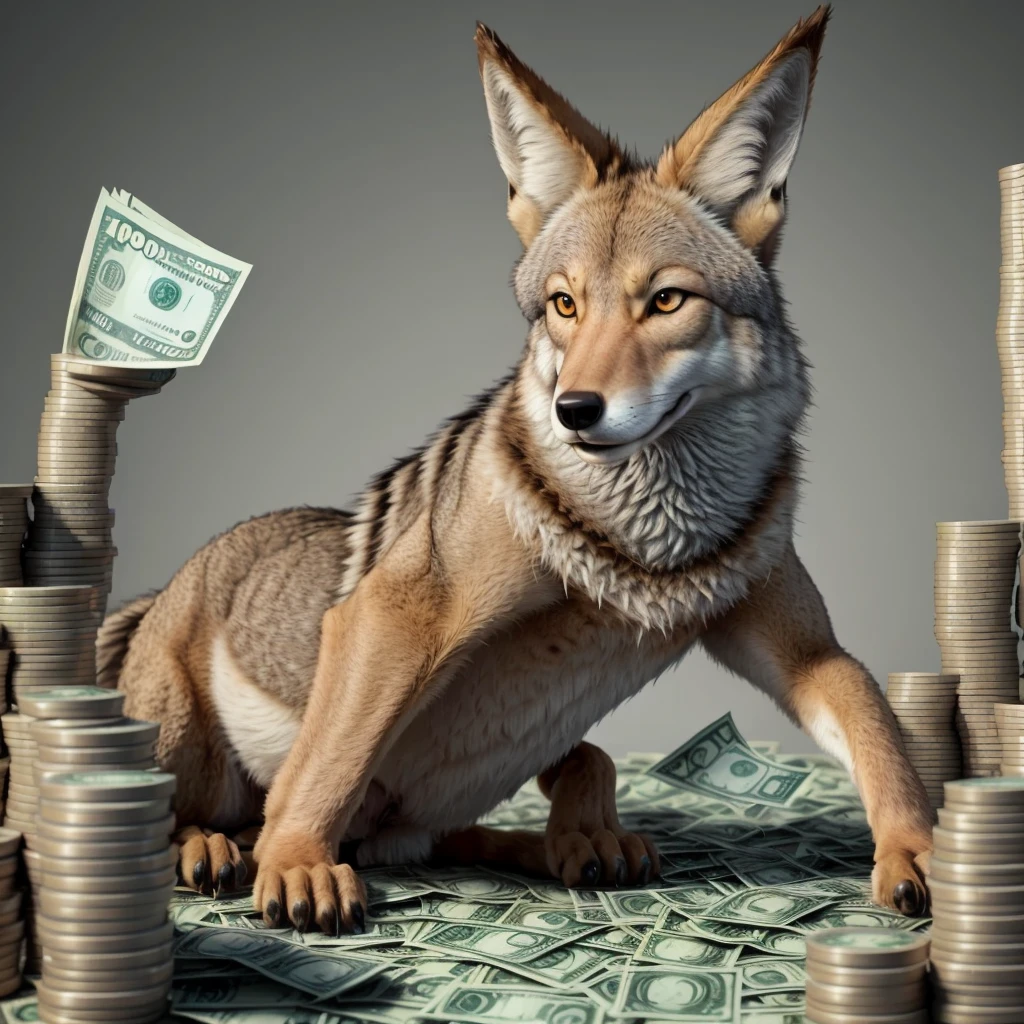 animated coyote with ricky corner with a lot of money in dollars