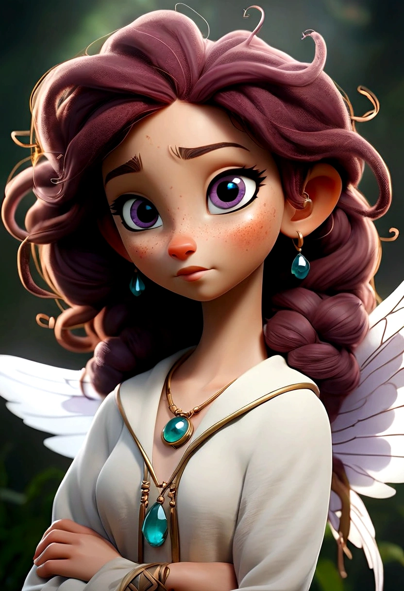 Zeta is a furry mammalian creature with a mix of animal like features about 2-3 feet tall, soft fluffy fur that is a mix of purple, blue and silver hues, zeta has round eyes, long floppy ears with a delicate pink interior, it has a long fluffy tail sparkling with pompom at the end zeta has a small button nose and a smattering of freckles across her cheeks, zeta has a delicate and translucent wings which allows her to fly and maneuver with grace, zeta often wears a shimmering stone that matches her mood. standing in other for her height to be seen wearing exactly the same clothes. i want her standing so that i can see her height properly.