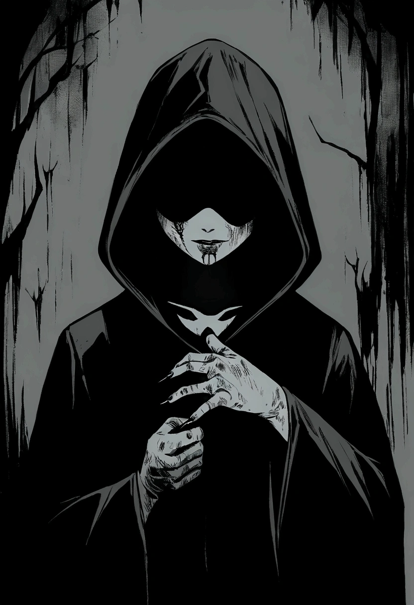 Wearing a black robe and a hood、Cast a shadow on your face、Draw me an image of someone making the sign of creation。, High resolution, Dirty, Horror, Satanic, darkcolorscheme