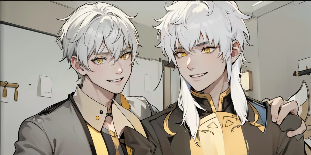 White hair, yellow eyes, black tunic, he is talking, smiling maliciously, they are 18 years old.
