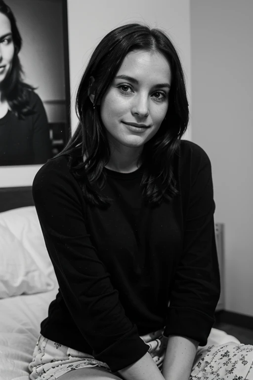 A photo of a female author in her thirties in black and white, looking to the left with a small smile, square image
