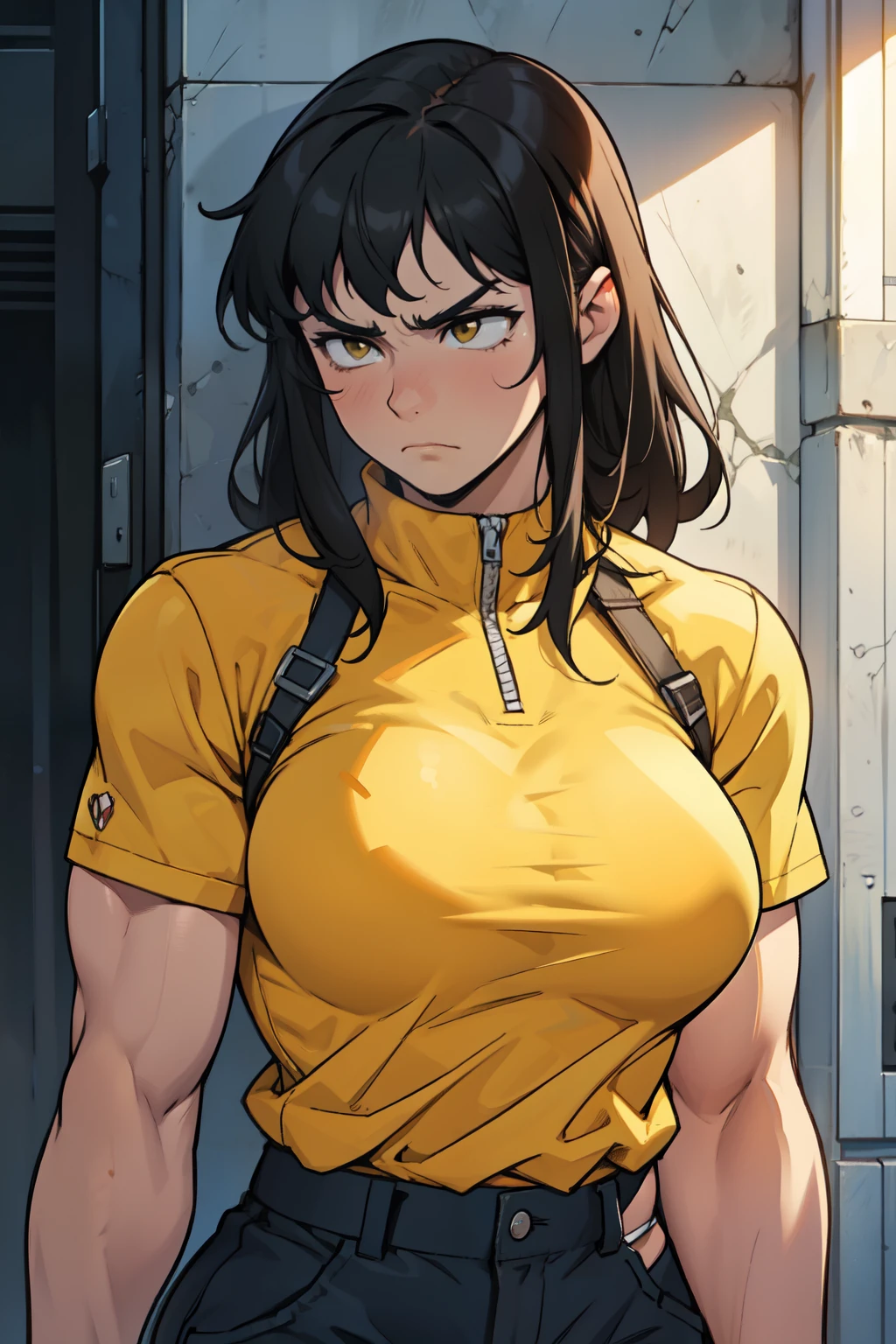 muscular woman massive breasts (disappointed disappointed disappointed disappointed) pale skin black hair yellow eyes solo
