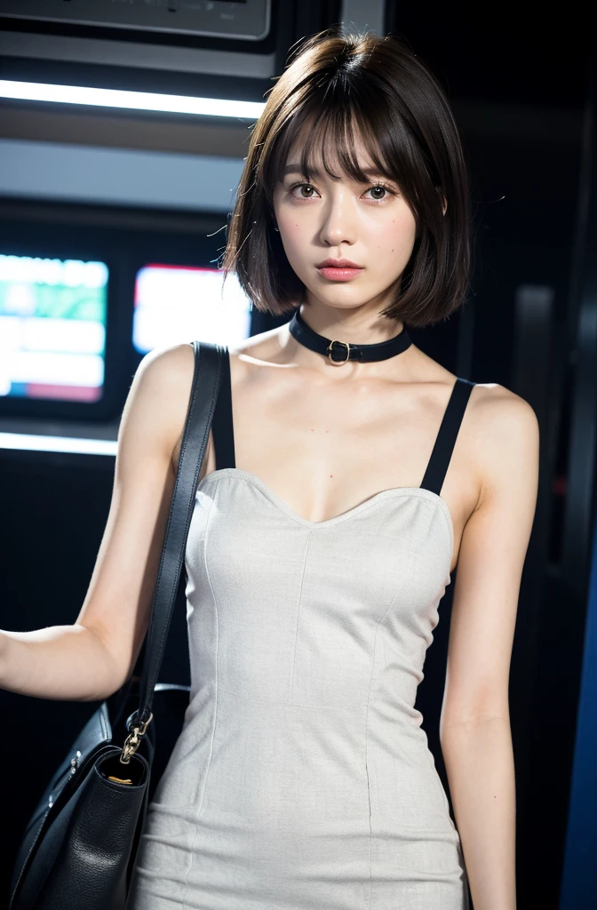 ((8K)、Highest quality、masterpiece、Ultra-high resolution:1.2)Photo Beautiful Japan woman(Comfortable:1.1) grace、good、Gradient lighting、One Girl、Delicate skin、Look at this、Brown eyes、(Short hair with bangs:1.2)、(Medium Chest:1.0)、(middle breast wheel:0.8)、(Realistic:1.4)、(Highest quality:1.0)、(Ultra-high resolution:1.0)、8K、Raw photo、(masterpiece:0.2)、(Purelos Face_v1:0.5)、Contrast Trim Polo Neck Bodycon Dress、one piece、Polo-style dress、Super mini length、The skirt is short、Mini Dress、Collared dress、Short sleeve、The clothes are dark blue、The collar is white、What can I do for you?、Staring at this、JR Yamanote Line at night、in the train、By the window、Stand upright、Complete darkness、theme、Tilt、Look at this、Late at night、Holding a train strap with one hand、Standing Sleep、tote bag、