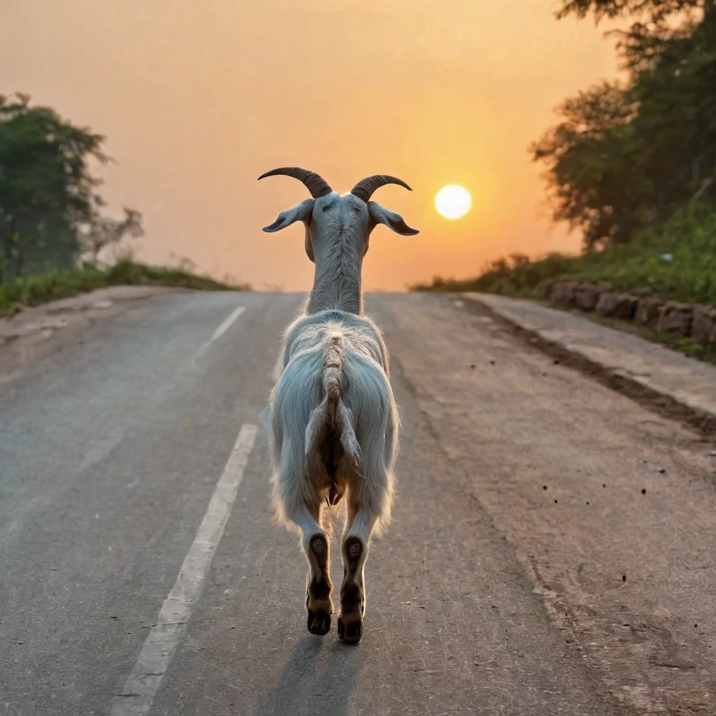 A goat going to sunset on road view from back 