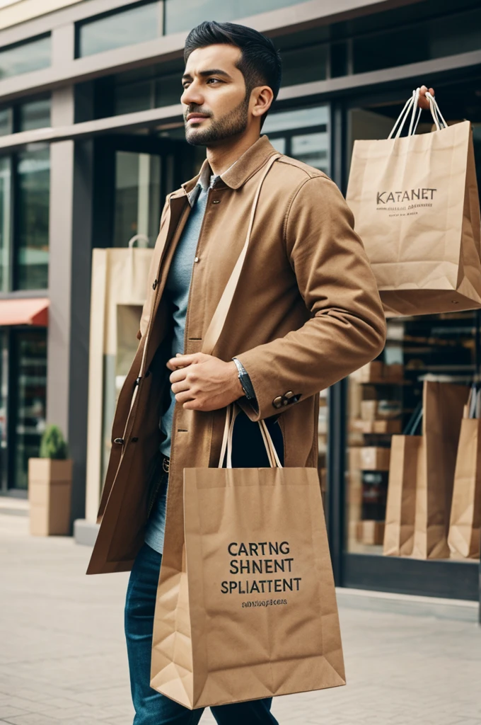 Man with Kraft paper bags in a shopping center