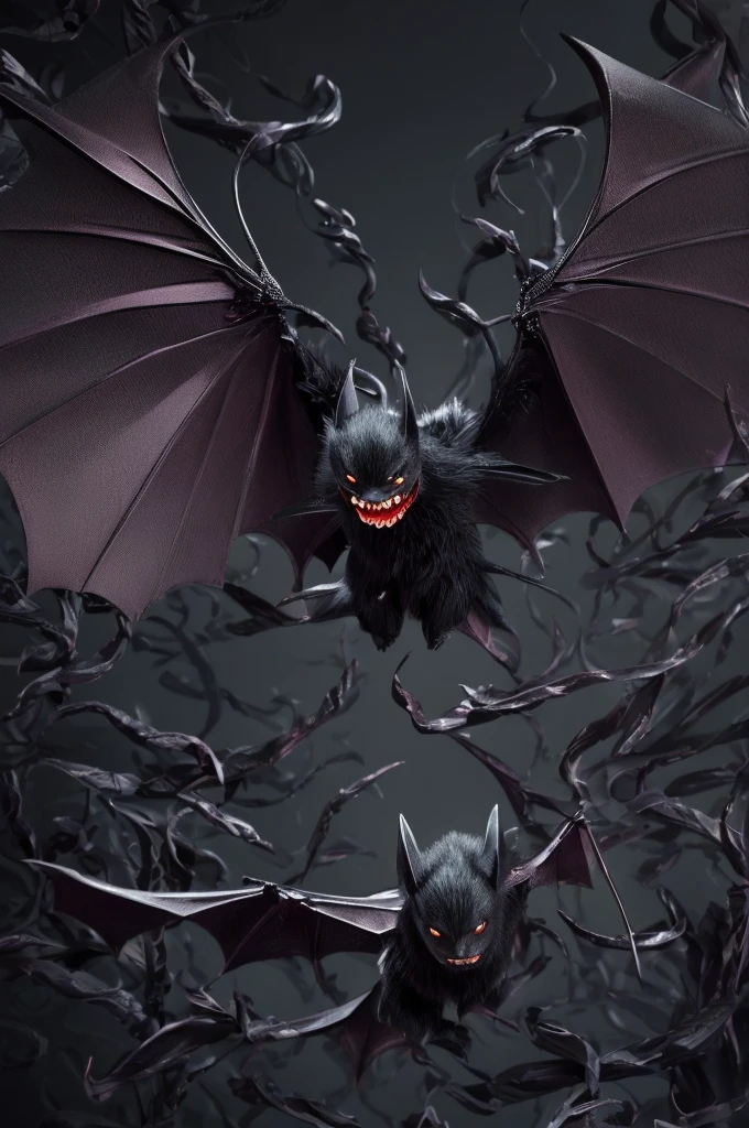 Licorice bat, 1 bat, bat made of licorice, wings made of licorice, ears made of licorice, swirling teeth made of licorice, dynamic movement, bat, animal ,ConceptArt, (Masterpiece, Best Quality, Illustration, Fine Detail), ((Very Detailed CG Unity 8k Wallpaper, High Resolution)), High Saturation, Low Brightness