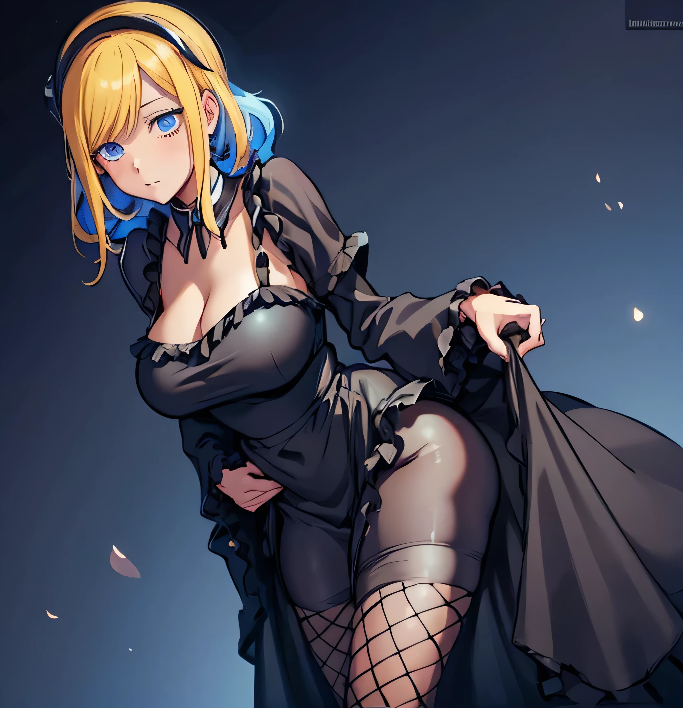 Alice, 1 girl, solo, large breasts, all black maid uniform, round buttocks, wide hips, the Duke of death and his maid, Alice Lendrott - The Duke of Death and His Maid, standing, blonde hair, bright blue eyes, fishnet leggings,