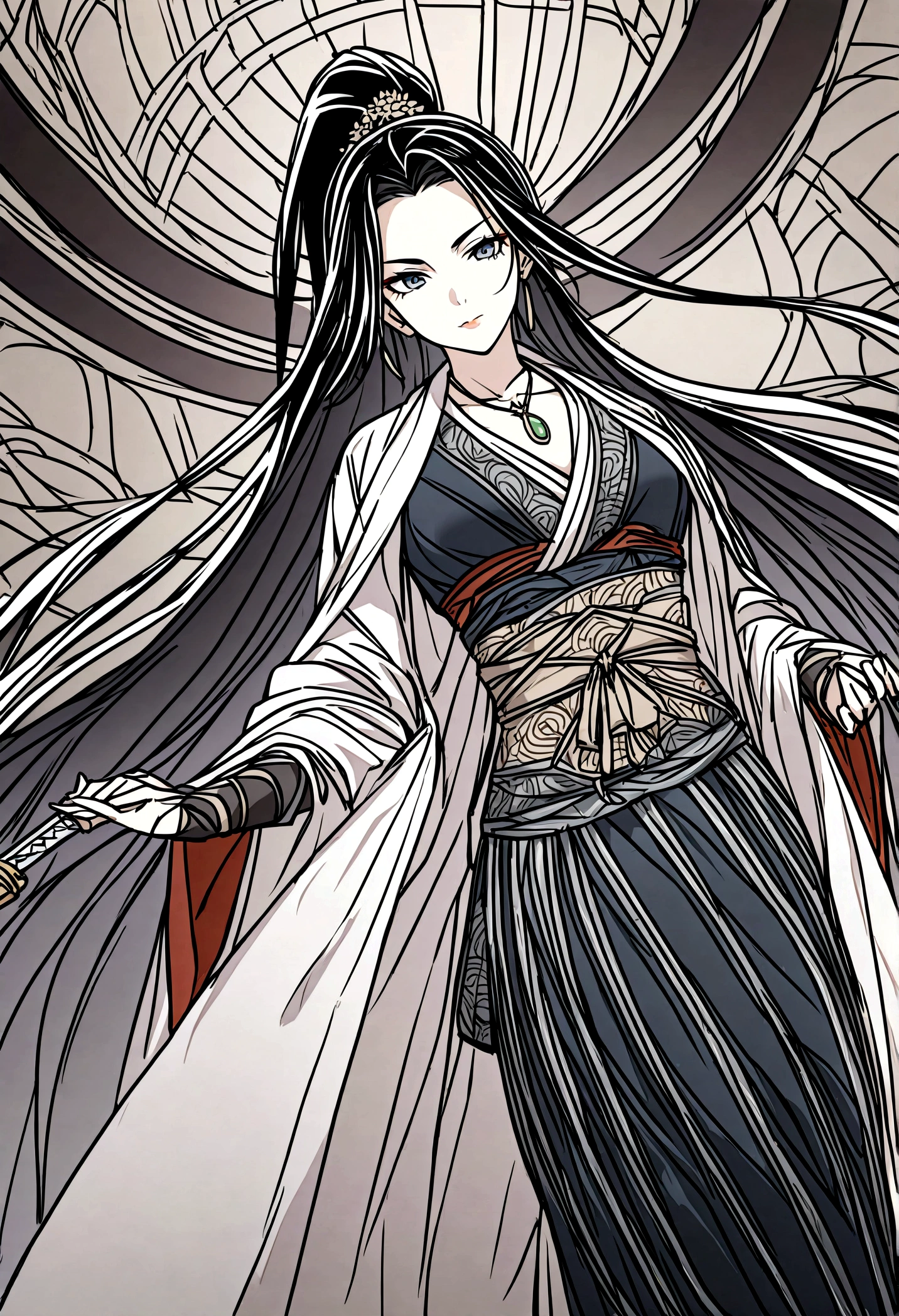 Imagine a woman samurai with a detailed and striking design. She stands with an air of regal authority and grace, her posture straight and unwavering. Her long, jet-black hair is meticulously tied back into a high ponytail, adorned with a single, ornate hairpin shaped like a chrysanthemum.
She wears a traditional kimono in shades of deep blue and silver, the fabric richly embroidered with motifs of cranes and cherry blossoms, symbolizing both her strength and elegance. Over her kimono, she dons a suit of lacquered armor, the dark plates expertly crafted and adorned with subtle engravings of mythical creatures. The armor is both functional and beautiful, designed to offer maximum protection without sacrificing mobility.
Her katana, a masterpiece of craftsmanship, rests at her side. The scabbard is decorated with intricate patterns of swirling clouds and fierce dragons, and the hilt is wrapped in fine, black silk. The blade, sharp and gleaming, reflects her disciplined training and unyielding spirit. She also carries a shorter wakizashi, the traditional companion sword, signifying her readiness for combat and adherence to the bushido code.
Her face is calm and composed, with high cheekbones and a serene expression that belies the fierceness of her skills. Her eyes are a deep, soulful brown, holding a quiet intensity and wisdom earned from years of training and battle. A small scar above her left eyebrow hints at her experiences on the battlefield.
She wears tabi socks and waraji sandals, which allow her to move silently and swiftly. Her hands, though slender and graceful, are calloused from years of wielding her sword. Around her neck, she wears a simple, yet elegant necklace with a small jade pendant, a family heirloom and a source of inner strength and connection to her ancestors.
Her presence is one of disciplined strength and quiet confidence, embodying the spirit of the samurai. She moves with the fluidity of a dancer and the precision of a warrior, a living
