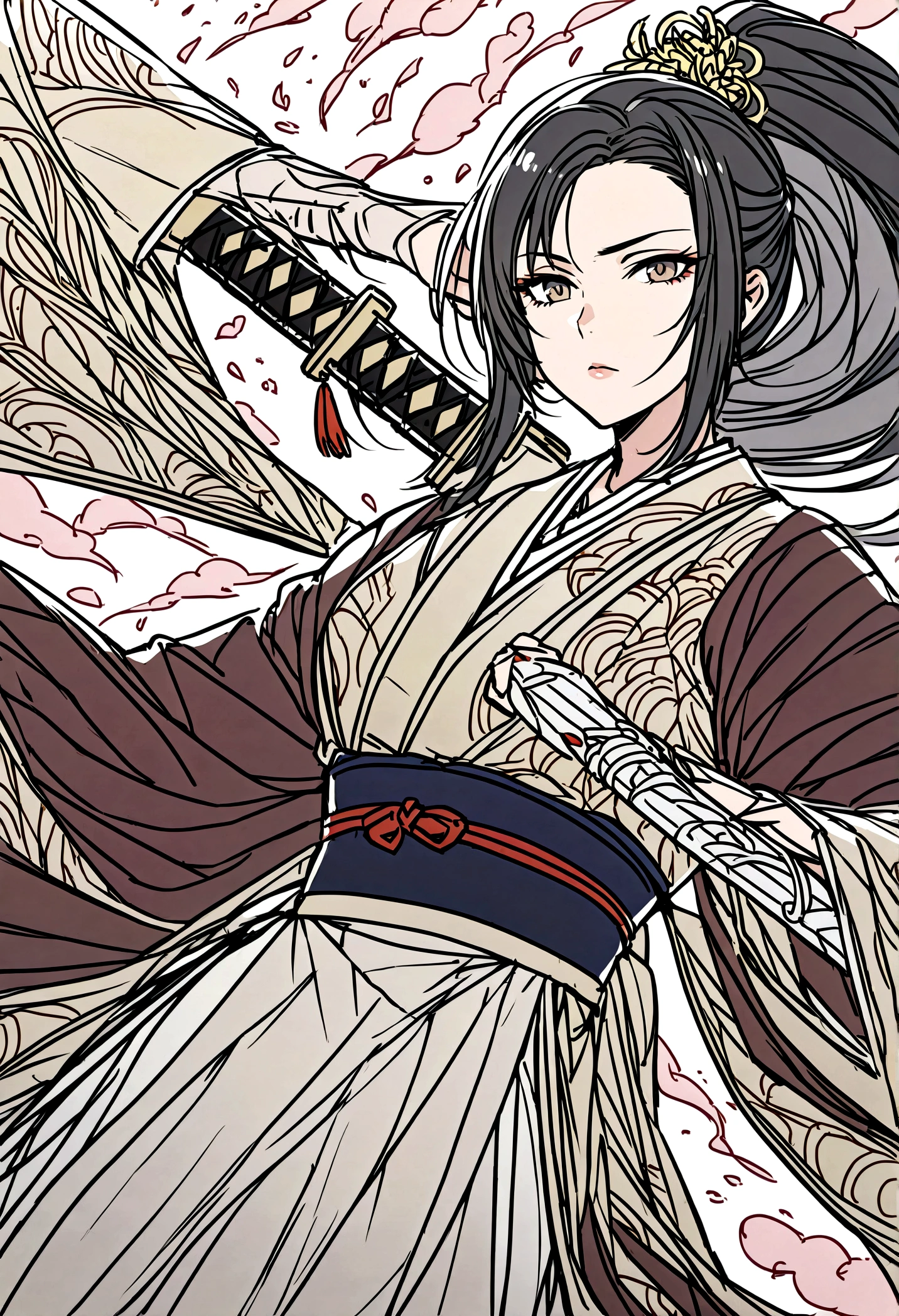 Imagine a woman samurai with a detailed and striking design. She stands with an air of regal authority and grace, her posture straight and unwavering. Her long, jet-black hair is meticulously tied back into a high ponytail, adorned with a single, ornate hairpin shaped like a chrysanthemum.

She wears a traditional kimono in shades of deep blue and silver, the fabric richly embroidered with motifs of cranes and cherry blossoms, symbolizing both her strength and elegance. Over her kimono, she dons a suit of lacquered armor, the dark plates expertly crafted and adorned with subtle engravings of mythical creatures. The armor is both functional and beautiful, designed to offer maximum protection without sacrificing mobility.

Her katana, a masterpiece of craftsmanship, rests at her side. The scabbard is decorated with intricate patterns of swirling clouds and fierce dragons, and the hilt is wrapped in fine, black silk. The blade, sharp and gleaming, reflects her disciplined training and unyielding spirit. She also carries a shorter wakizashi, the traditional companion sword, signifying her readiness for combat and adherence to the bushido code.

Her face is calm and composed, with high cheekbones and a serene expression that belies the fierceness of her skills. Her eyes are a deep, soulful brown, holding a quiet intensity and wisdom earned from years of training and battle. A small scar above her left eyebrow hints at her experiences on the battlefield.

She wears tabi socks and waraji sandals, which allow her to move silently and swiftly. Her hands, though slender and graceful, are calloused from years of wielding her sword. Around her neck, she wears a simple, yet elegant necklace with a small jade pendant, a family heirloom and a source of inner strength and connection to her ancestors.

Her presence is one of disciplined strength and quiet confidence, embodying the spirit of the samurai. She moves with the fluidity of a dancer and the precision of a warrior, a living