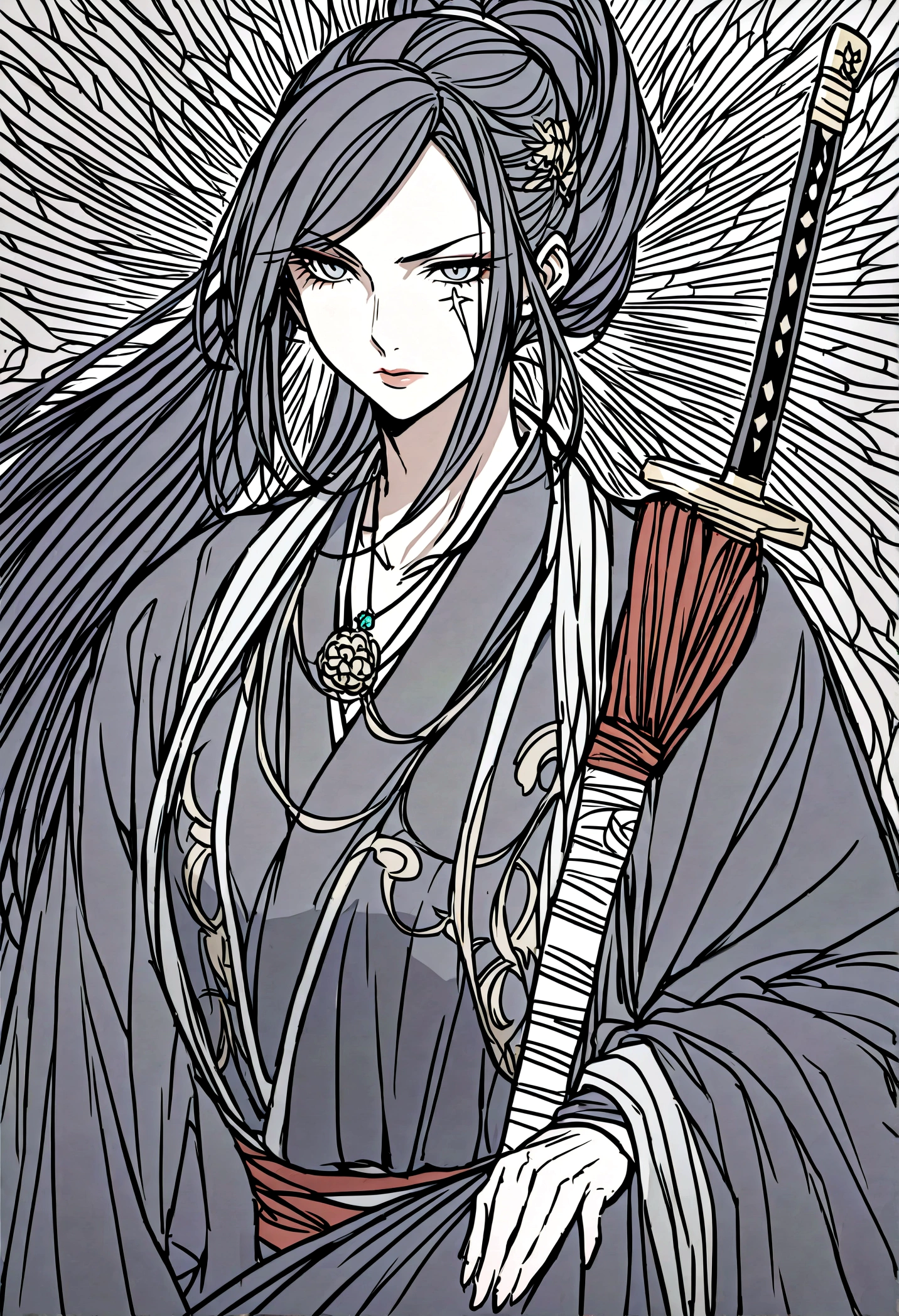 Imagine a woman samurai with a detailed and striking design. She stands with an air of regal authority and grace, her posture straight and unwavering. Her long, jet-black hair is meticulously tied back into a high ponytail, adorned with a single, ornate hairpin shaped like a chrysanthemum.
She wears a traditional kimono in shades of deep blue and silver, the fabric richly embroidered with motifs of cranes and cherry blossoms, symbolizing both her strength and elegance. Over her kimono, she dons a suit of lacquered armor, the dark plates expertly crafted and adorned with subtle engravings of mythical creatures. The armor is both functional and beautiful, designed to offer maximum protection without sacrificing mobility.
Her katana, a masterpiece of craftsmanship, rests at her side. The scabbard is decorated with intricate patterns of swirling clouds and fierce dragons, and the hilt is wrapped in fine, black silk. The blade, sharp and gleaming, reflects her disciplined training and unyielding spirit. She also carries a shorter wakizashi, the traditional companion sword, signifying her readiness for combat and adherence to the bushido code.
Her face is calm and composed, with high cheekbones and a serene expression that belies the fierceness of her skills. Her eyes are a deep, soulful brown, holding a quiet intensity and wisdom earned from years of training and battle. A small scar above her left eyebrow hints at her experiences on the battlefield.
She wears tabi socks and waraji sandals, which allow her to move silently and swiftly. Her hands, though slender and graceful, are calloused from years of wielding her sword. Around her neck, she wears a simple, yet elegant necklace with a small jade pendant, a family heirloom and a source of inner strength and connection to her ancestors.
Her presence is one of disciplined strength and quiet confidence, embodying the spirit of the samurai. She moves with the fluidity of a dancer and the precision of a warrior, a living